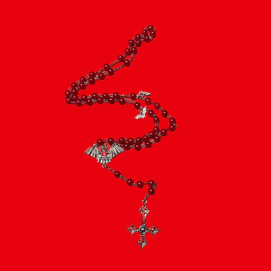 Sinful Red Inverted Cross Bat Rosary Necklace