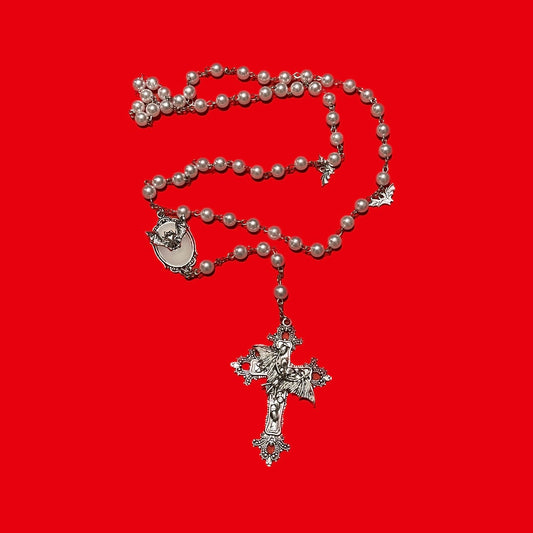 Unholy White Inverted Cross Bat Rosary Necklace