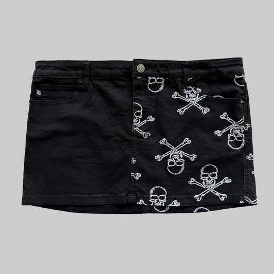 Royal Bones Skull Crossbones Split Denim Mini Skirt XL