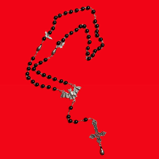 Wicked Black Inverted Cross Bat Rosary Necklace